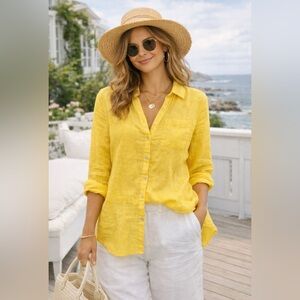 Sigrid Olsen Yellow Linen Roll Tab Sleeve Button Top Size L Coastal Gma Airy